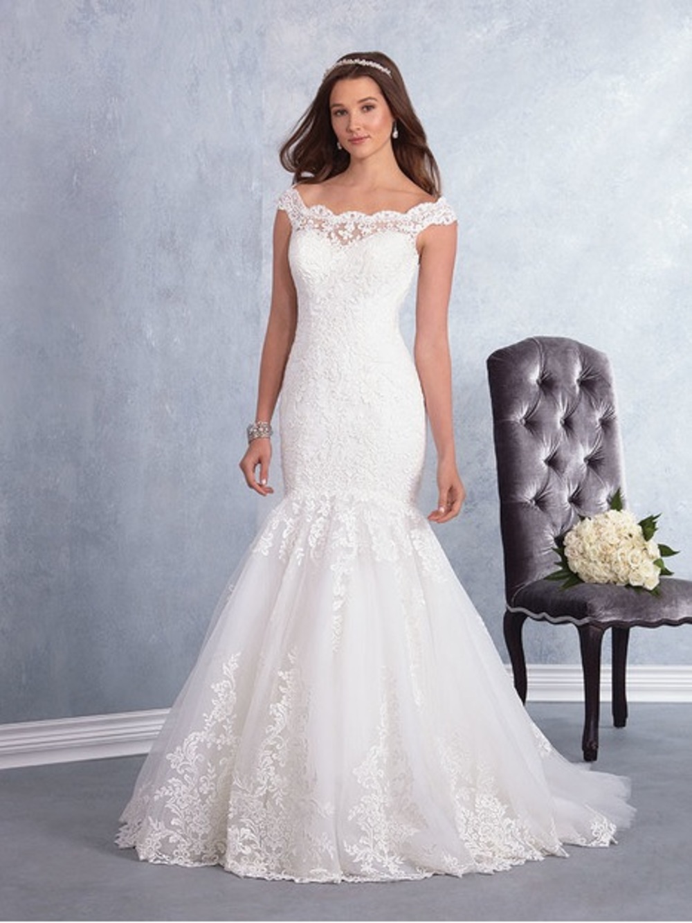 NWT Alfred Angelo White Off Shoulder Lace Beaded Mermaid Wedding Gown Dress